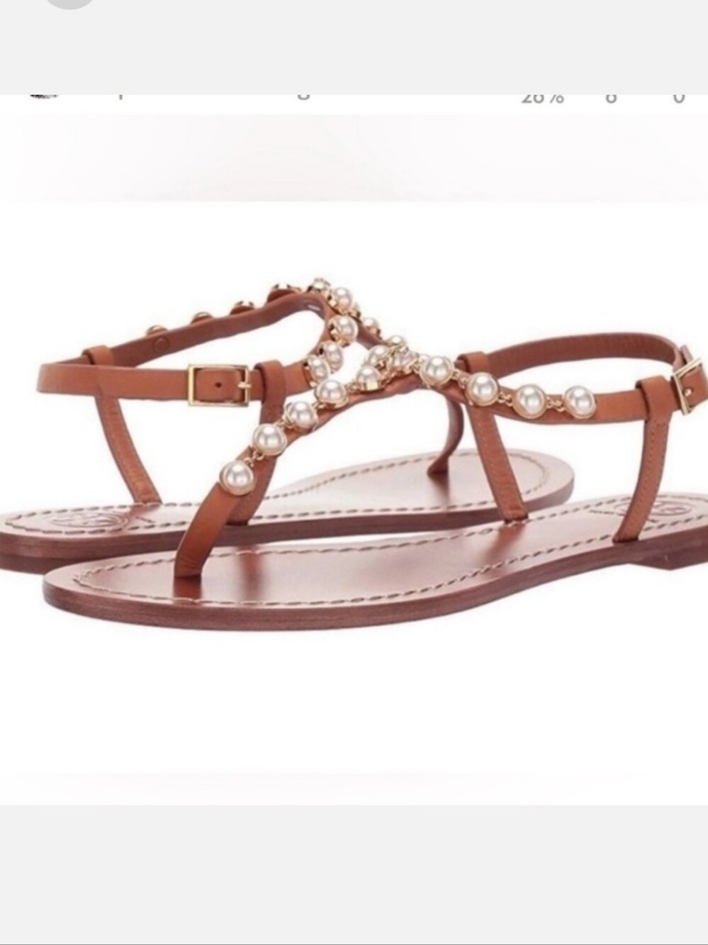 Tory Burch Emmy Pearl Sandals in Tan Teather With Pearl T-Strap Size 9.5 - Picture 2 of 12